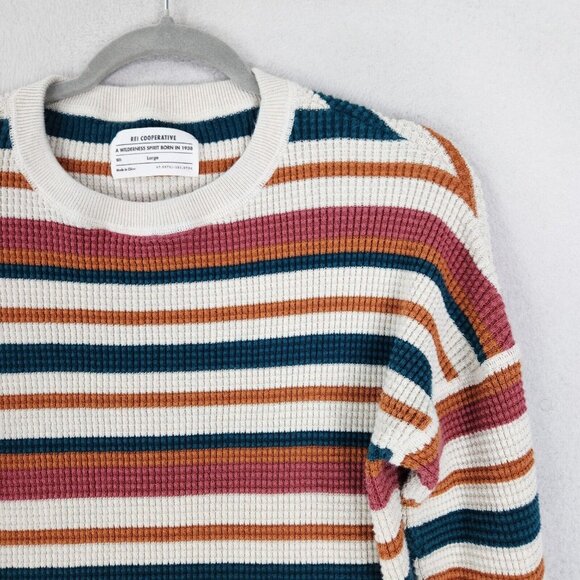 REI Sweater Women Large White Blue Striped Waffle Knit Pullover Cotton Crew Neck - Picture 2 of 12